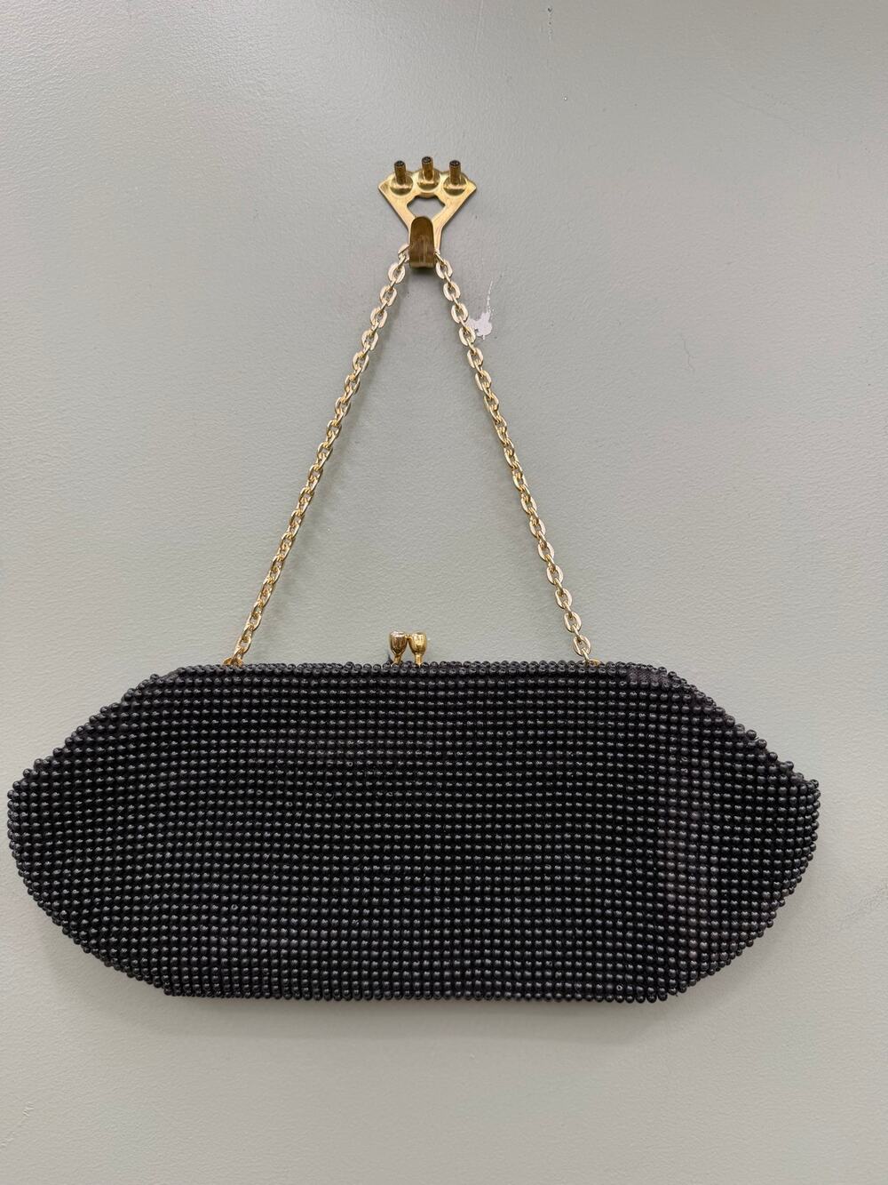 Vintage Black Beaded Evening Bag Gold Chain Kiss Lock Clutch Purse
